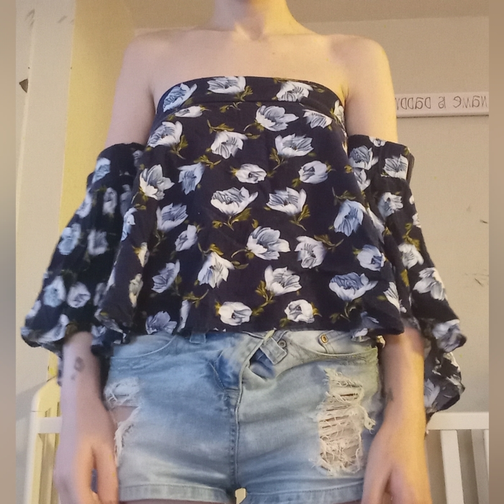 Navy Off-Shoulder Rose Top